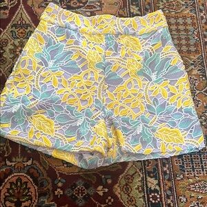 High Waist Yellow and Green Shorts with Tropical Print